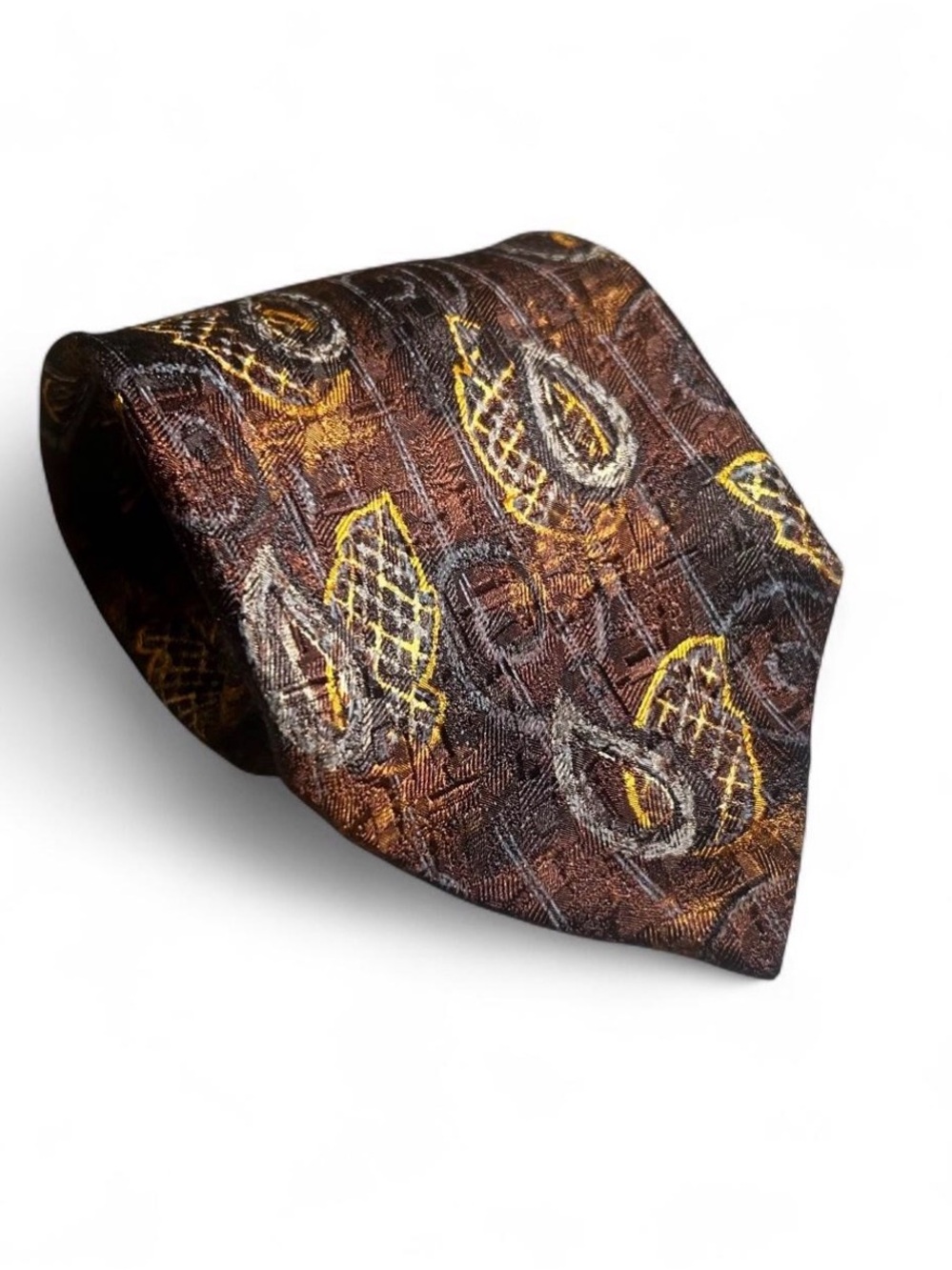 Ermenegildo Zegna Silk Tie Vintage Brown Gold Geometric Italy Necktie